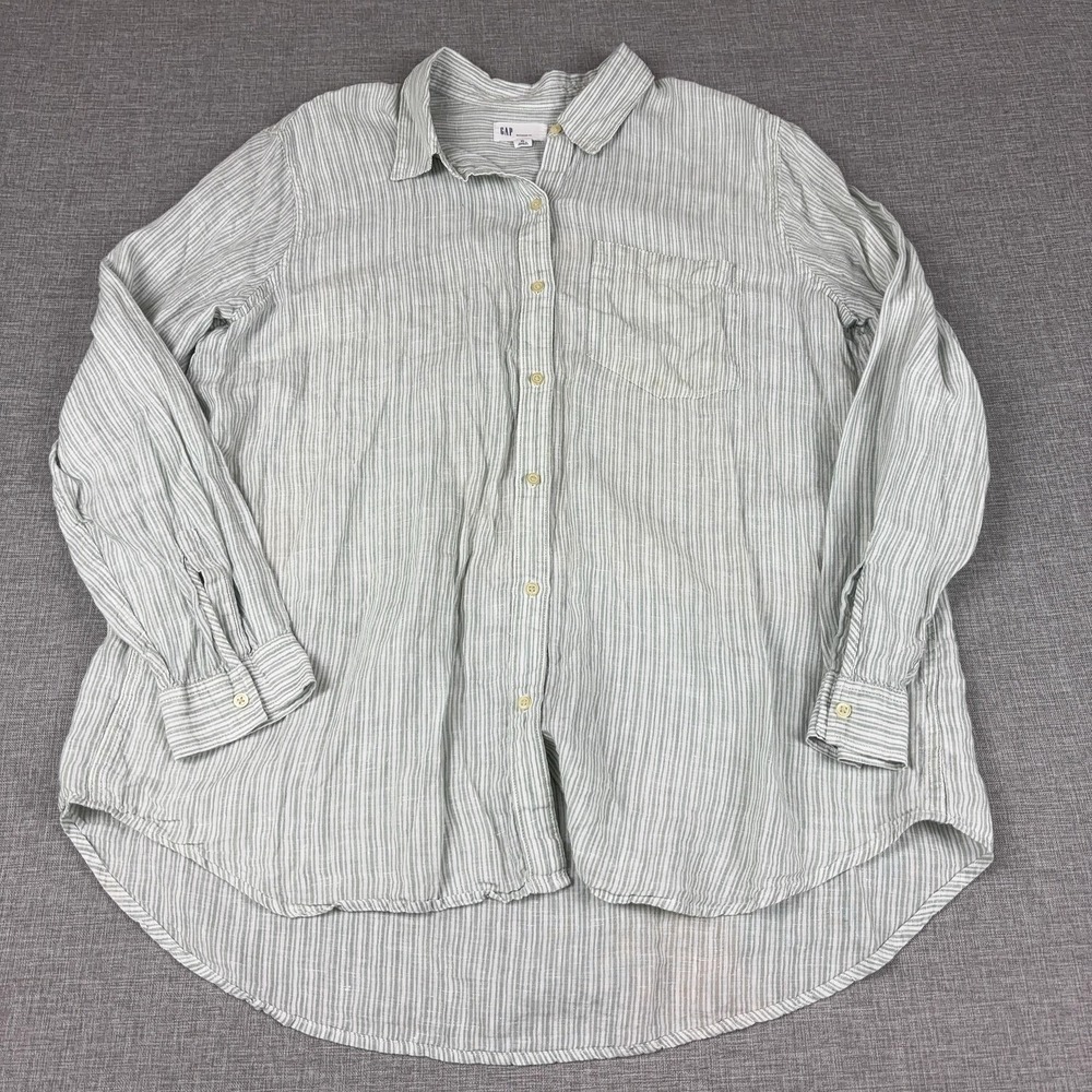 Gap Shirt Womens XL Green Striped Long Sleeve Button-Up Tunic Linen Relaxed